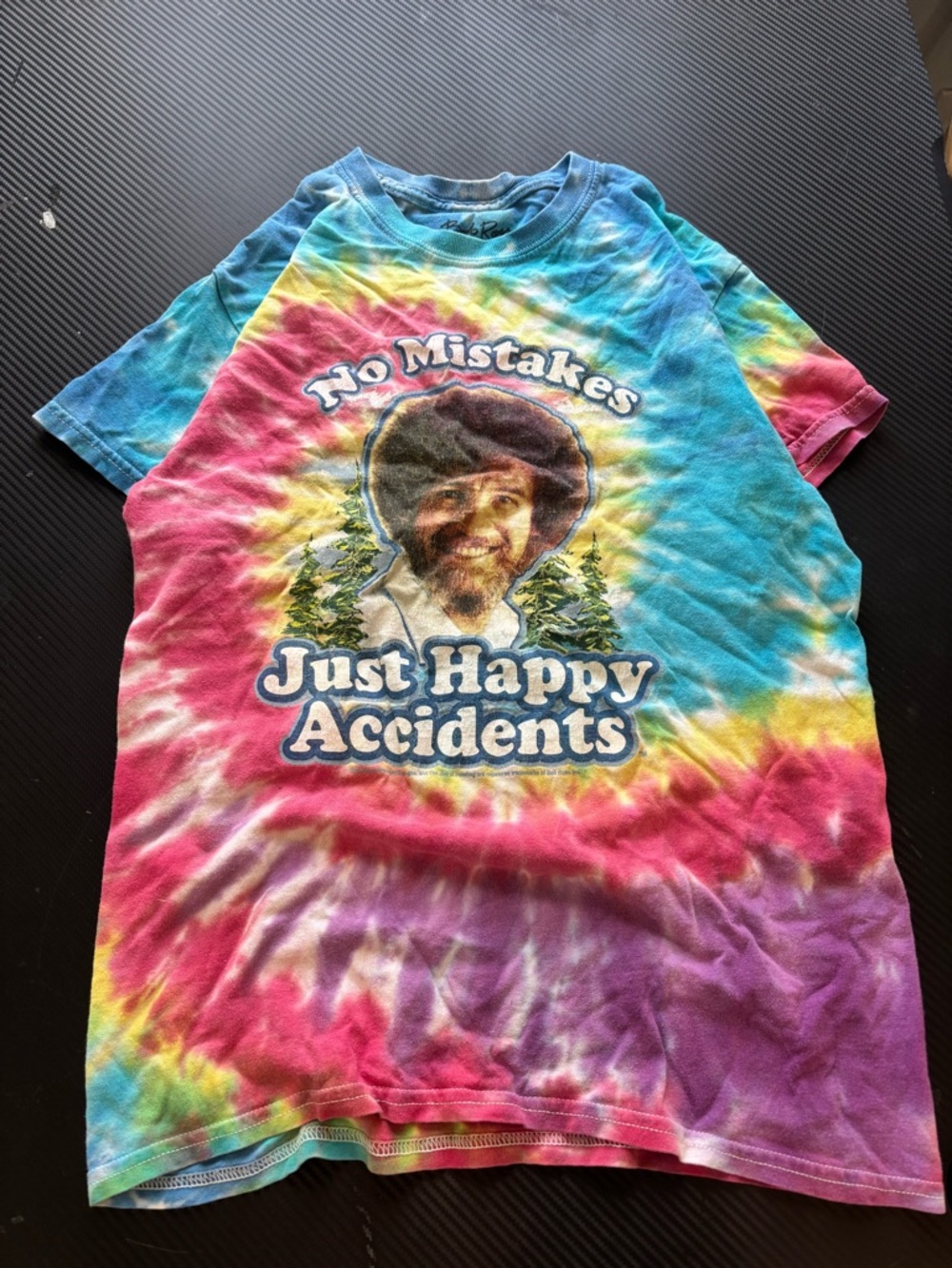 Tie-Dye 'No Mistakes Just Happy Accidents' Bob Ross Graphic Tee Size S